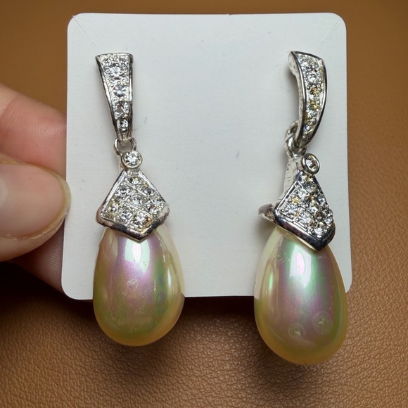 Roman Jewelry - Vtg Signed Roman Faux Pearl & Rhinestone Drop Dangle Pierced Earrings